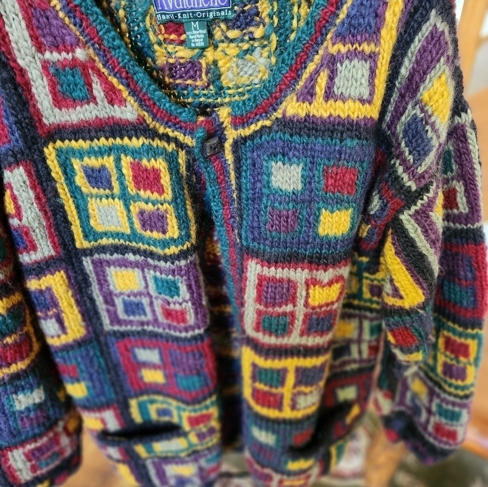 Vintage 90's Avalanche‎ Colorblock Hand-Knit 100% Heavy Wool Sz. M Cardigan - Picture 2 of 7